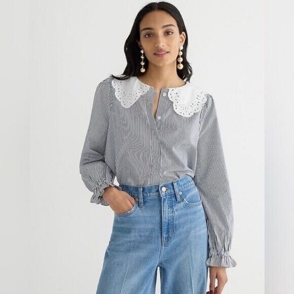 J. Crew Tops - J.Crew Lace-Eyelet Collar Poplin Blouse Size L